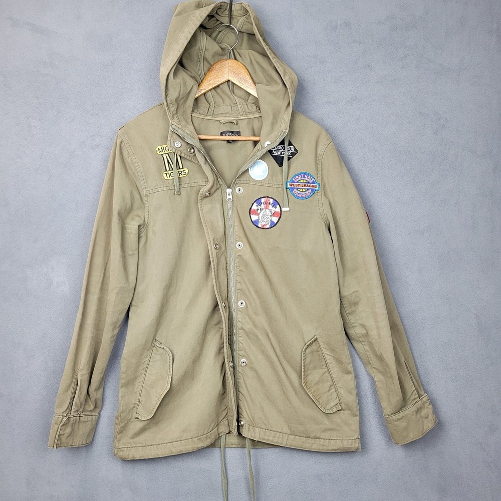 Topshop Jacket Women's 6 Green 100% Cotton Logo Pockets Snap Full Zip Hooded